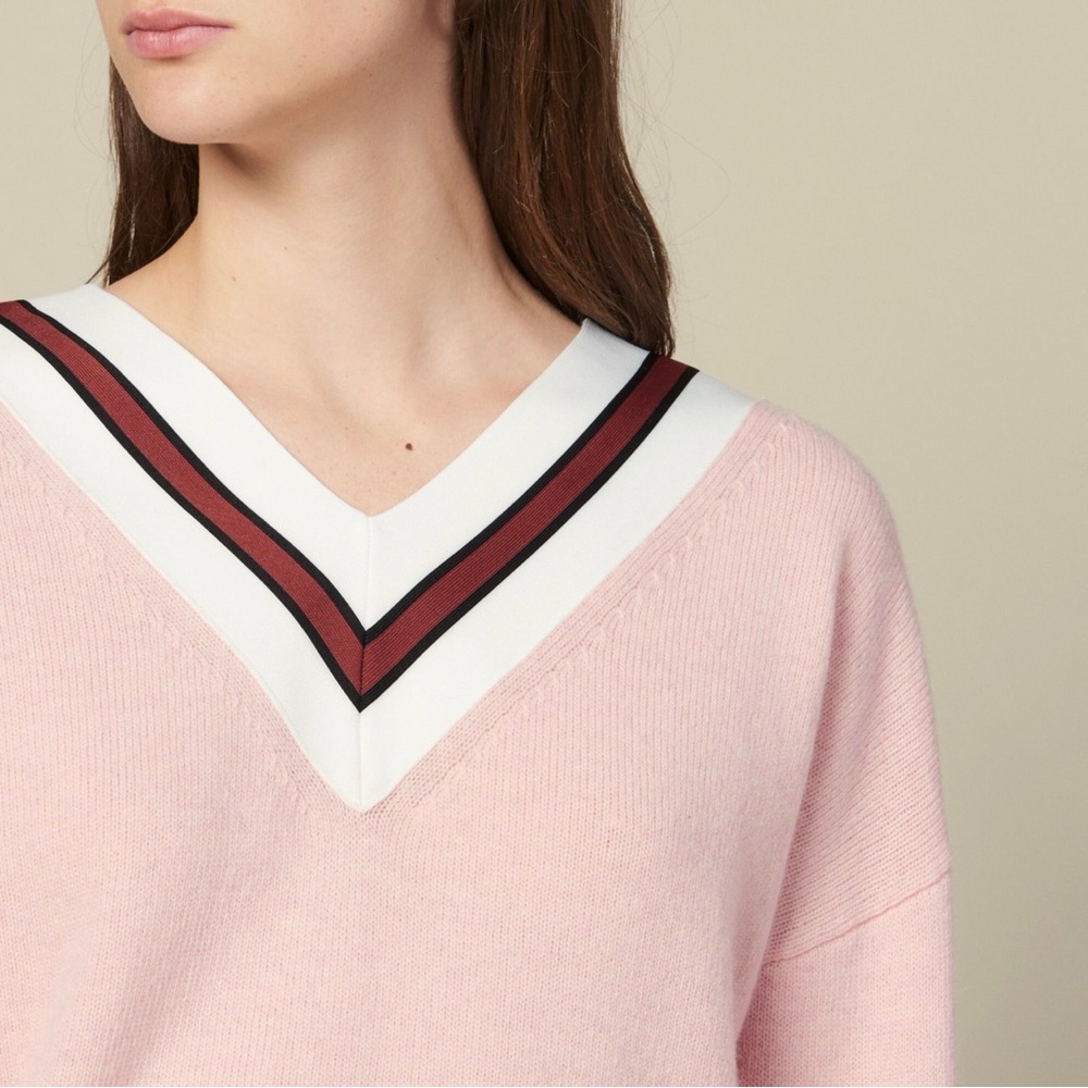 Sandro Pink V-Neck Sweater with Striped Detail
